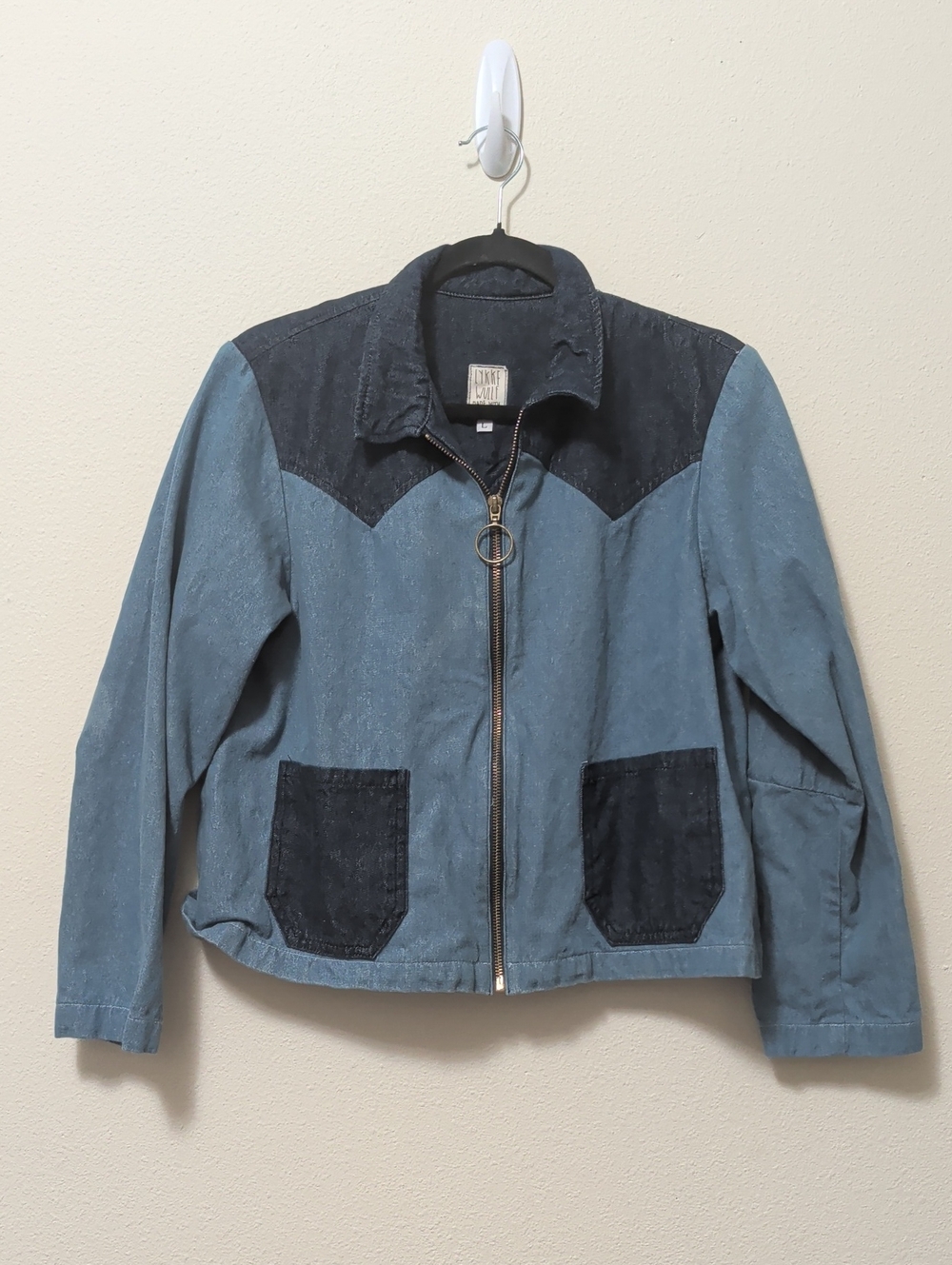 Two-Tone Blue Denim Zip Jacket with Contrast Accents